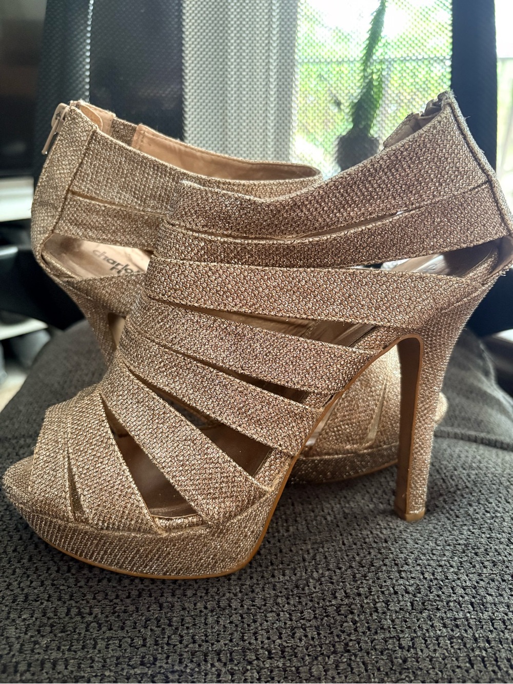Charlotte Russe Gold Glitter Strappy Platform Booties